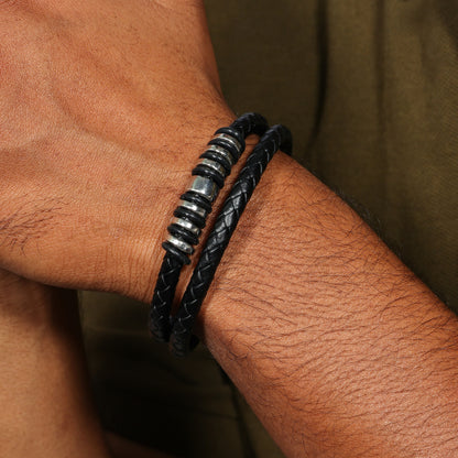 Men's Black Leather Bracelet - 7 Inch Magnetic Clasp Bracelet - Braided Leather Wristband - Bracelet for Bikers - Unisex Jewelry Gift