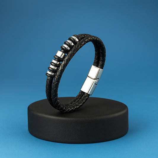 Men's Black Leather Bracelet - 7 Inch Magnetic Clasp Bracelet - Braided Leather Wristband - Bracelet for Bikers - Unisex Jewelry Gift