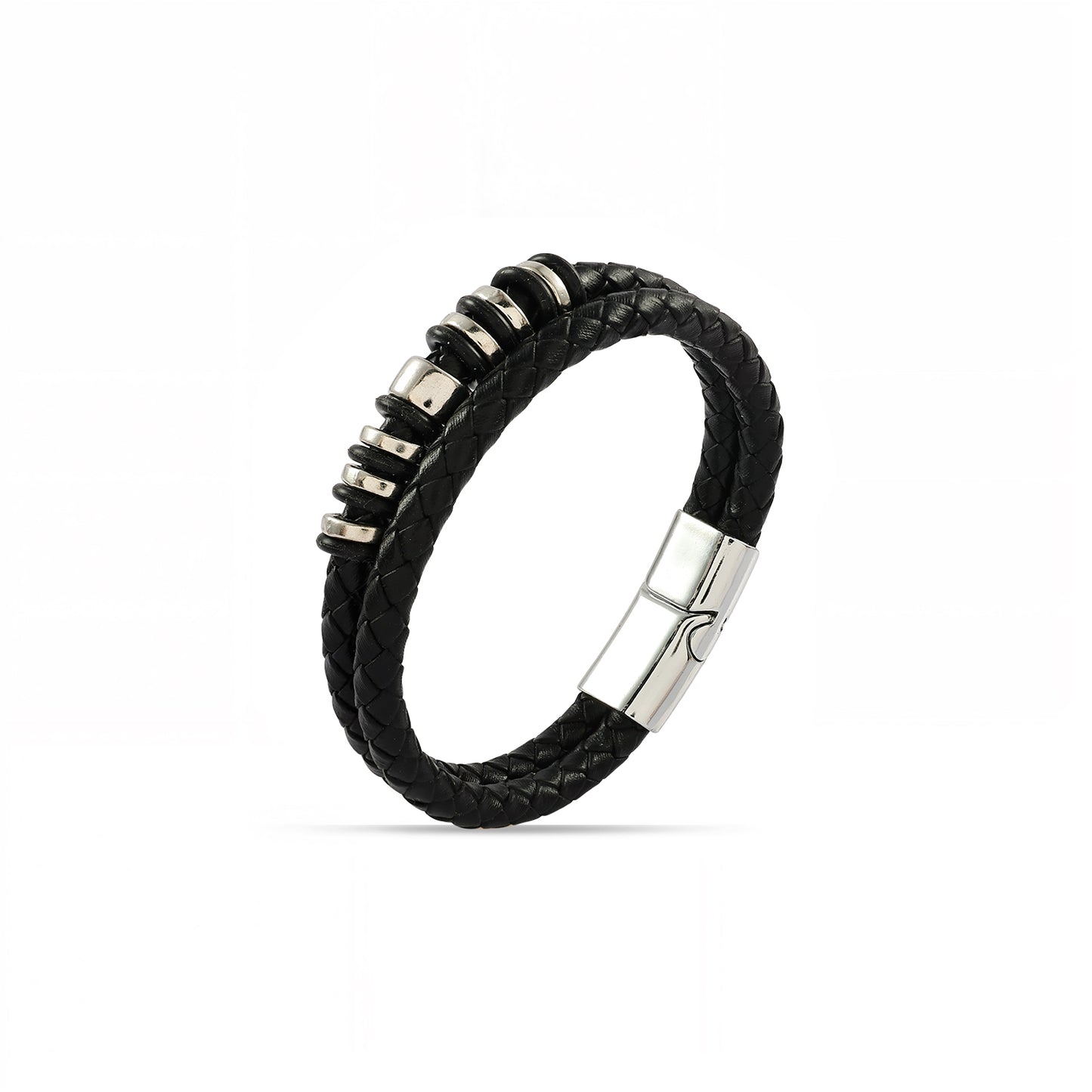 Men's Black Leather Bracelet - 7 Inch Magnetic Clasp Bracelet - Braided Leather Wristband - Bracelet for Bikers - Unisex Jewelry Gift