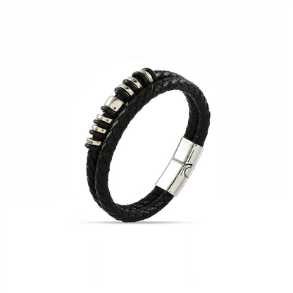 Men's Black Leather Bracelet - 7 Inch Magnetic Clasp Bracelet - Braided Leather Wristband - Bracelet for Bikers - Unisex Jewelry Gift