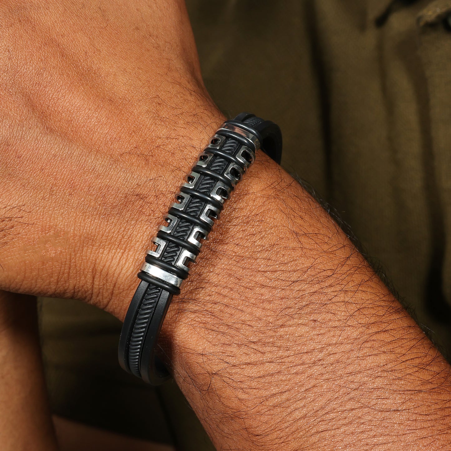 Men’s Black Leather Bracelet | Stainless Steel Accent Bracelet | Modern Mens Wristband | Gift for Him | Everyday Men’s Jewelry
