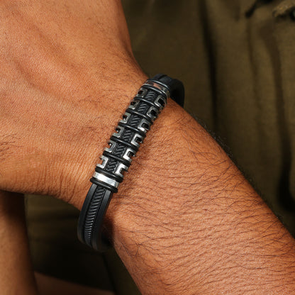 Men’s Black Leather Bracelet | Stainless Steel Accent Bracelet | Modern Mens Wristband | Gift for Him | Everyday Men’s Jewelry