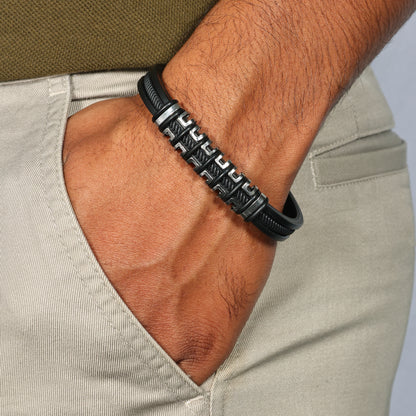 Men’s Black Leather Bracelet | Stainless Steel Accent Bracelet | Modern Mens Wristband | Gift for Him | Everyday Men’s Jewelry