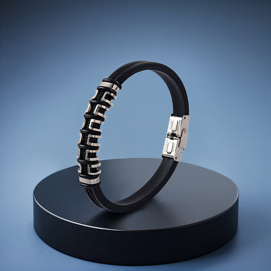 Men’s Black Leather Bracelet | Stainless Steel Accent Bracelet | Modern Mens Wristband | Gift for Him | Everyday Men’s Jewelry