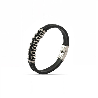 Men’s Black Leather Bracelet | Stainless Steel Accent Bracelet | Modern Mens Wristband | Gift for Him | Everyday Men’s Jewelry