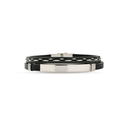 Men's Black Leather Bracelet, 8 Inch Bar Bracelet, Double Layer Leather Wristband, Biker's Jewelry, Unisex Bracelet, Gift for Him