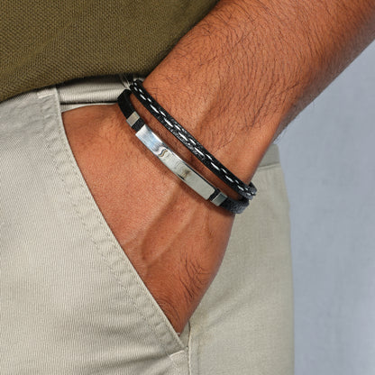 Men's Black Leather Bracelet, 8 Inch Bar Bracelet, Double Layer Leather Wristband, Biker's Jewelry, Unisex Bracelet, Gift for Him