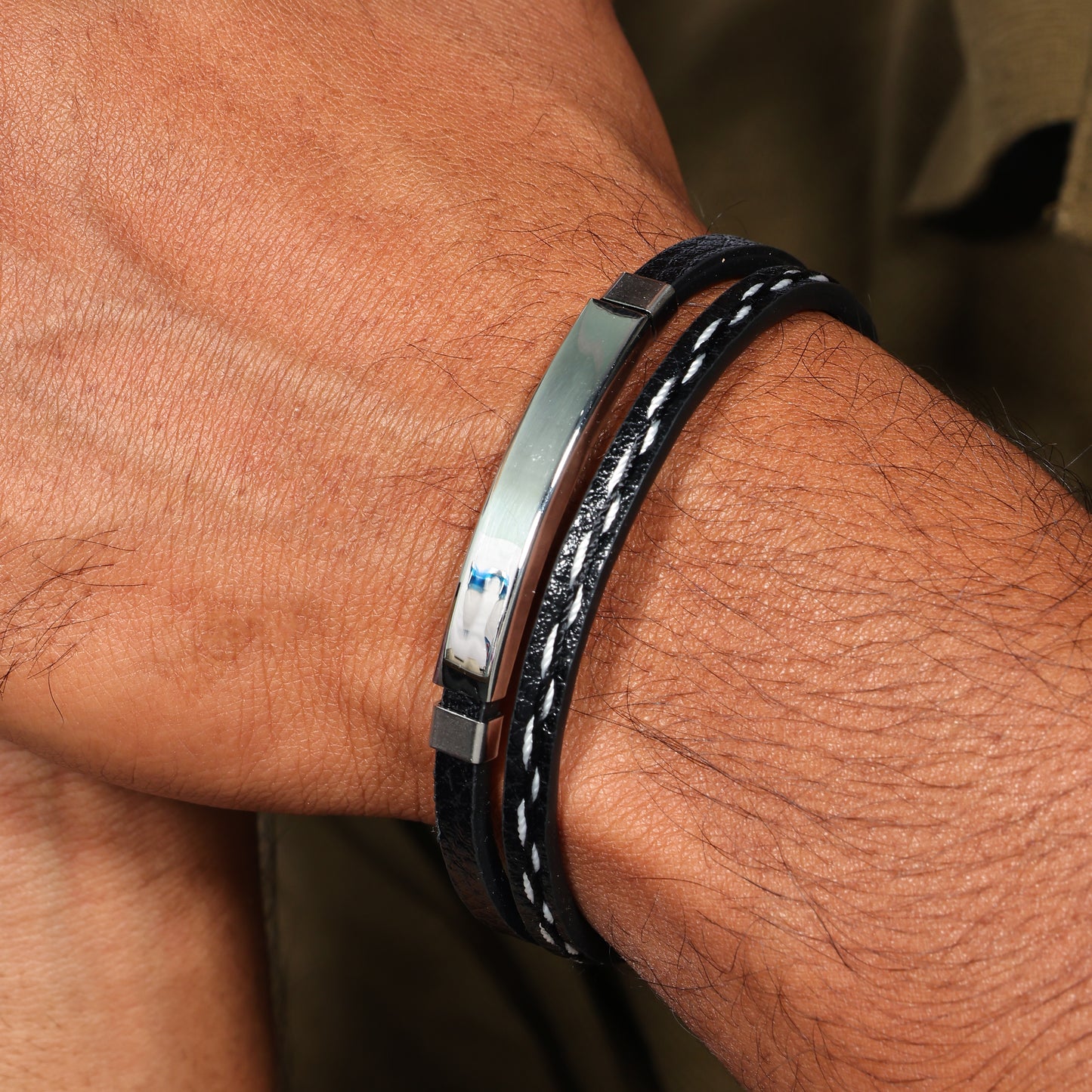 Men's Black Leather Bracelet, 8 Inch Bar Bracelet, Double Layer Leather Wristband, Biker's Jewelry, Unisex Bracelet, Gift for Him