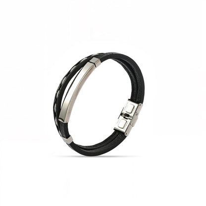 Men's Black Leather Bracelet, 8 Inch Bar Bracelet, Double Layer Leather Wristband, Biker's Jewelry, Unisex Bracelet, Gift for Him