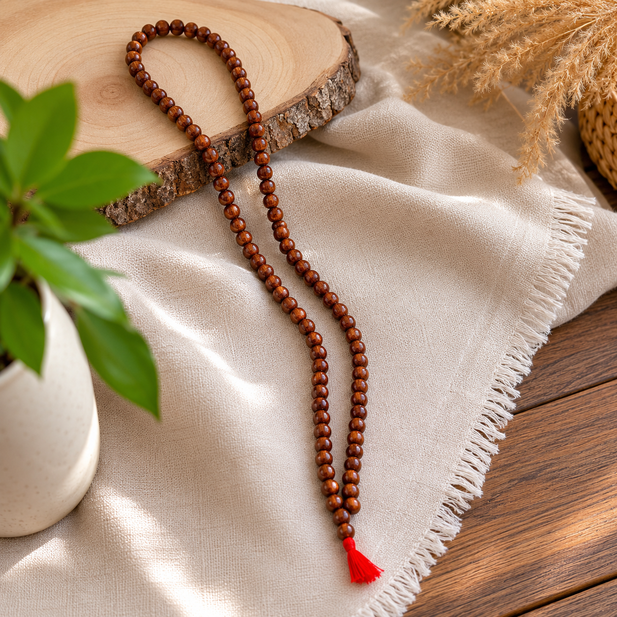 Copper Bead Mala Necklace 108 Beads | Meditation Prayer Mala with Red Tassel | Handmade Copper Japa Mala | Yoga Spiritual Jewelry | 26 Inch