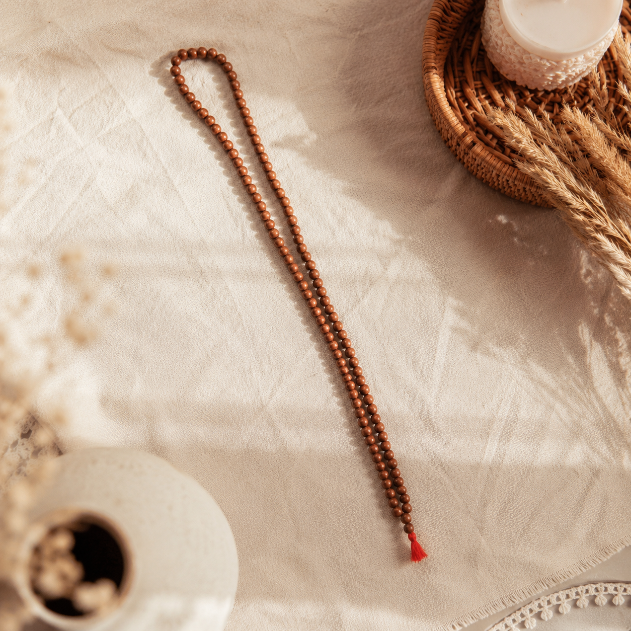 Copper Bead Mala Necklace 108 Beads | Meditation Prayer Mala with Red Tassel | Handmade Copper Japa Mala | Yoga Spiritual Jewelry | 26 Inch