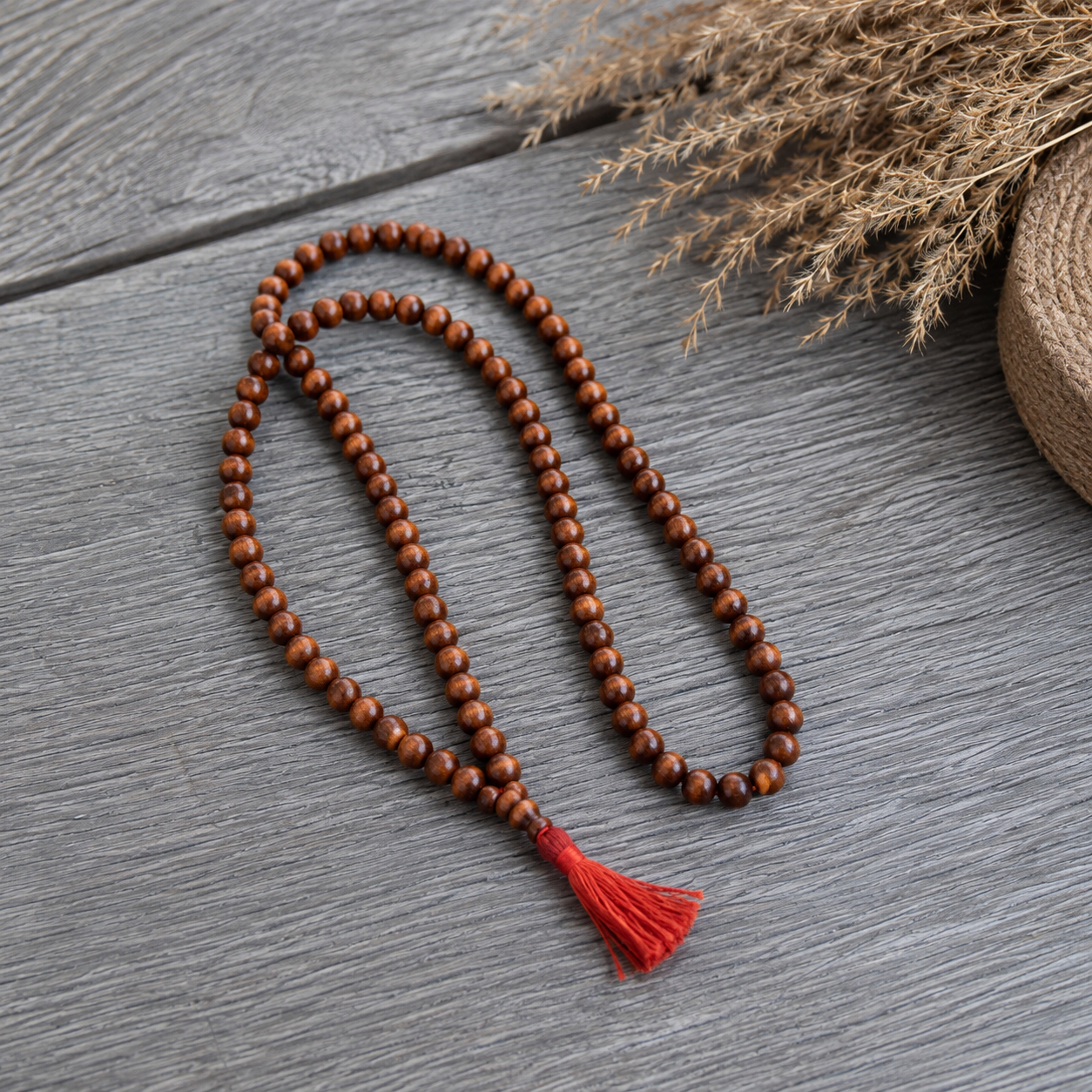 Copper Bead Mala Necklace 108 Beads | Meditation Prayer Mala with Red Tassel | Handmade Copper Japa Mala | Yoga Spiritual Jewelry | 26 Inch