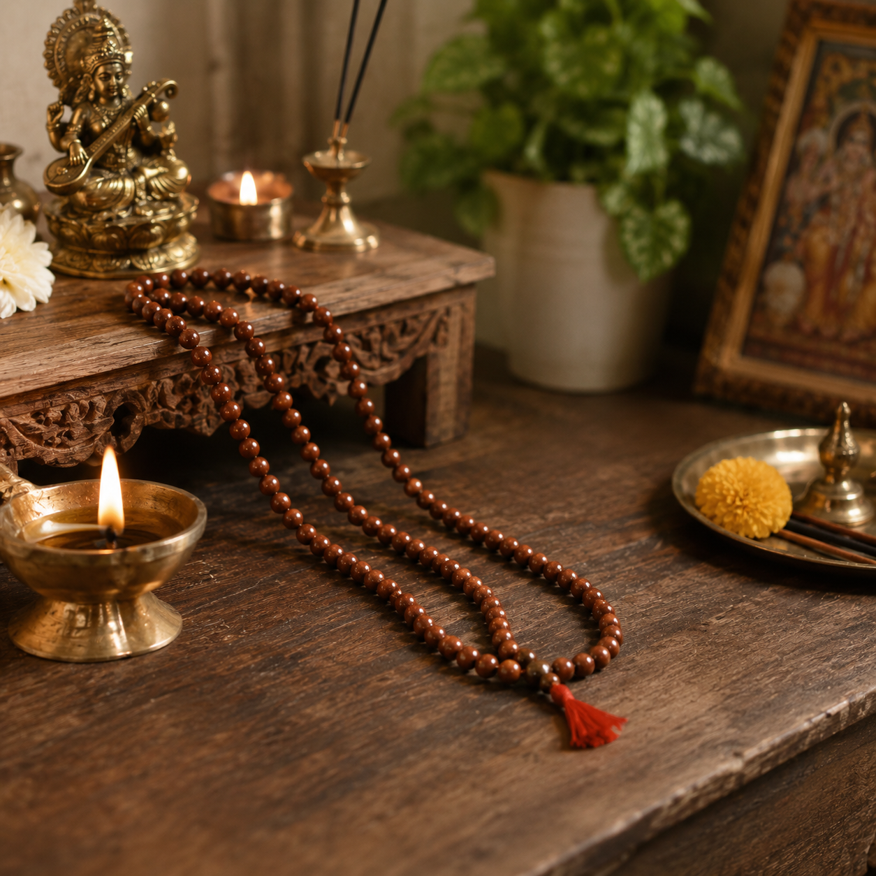 Copper Bead Mala Necklace 108 Beads | Meditation Prayer Mala with Red Tassel | Handmade Copper Japa Mala | Yoga Spiritual Jewelry | 26 Inch