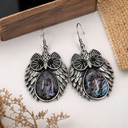 Antique Silver Owl Dangle Earrings: Owl Jewelry, Bird Theme Jewelry, Animal Earrings, Quirky & Funky Earrings, Lace Drop Gemstone Earrings