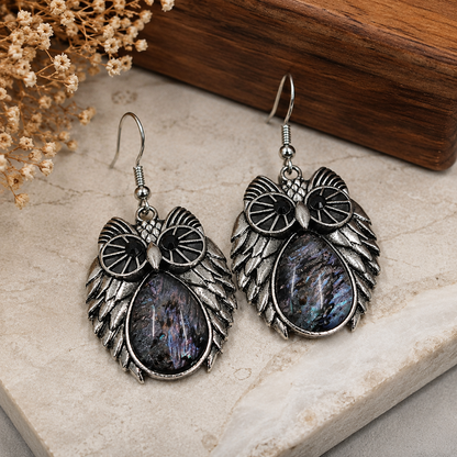 Antique Silver Owl Dangle Earrings: Owl Jewelry, Bird Theme Jewelry, Animal Earrings, Quirky & Funky Earrings, Lace Drop Gemstone Earrings