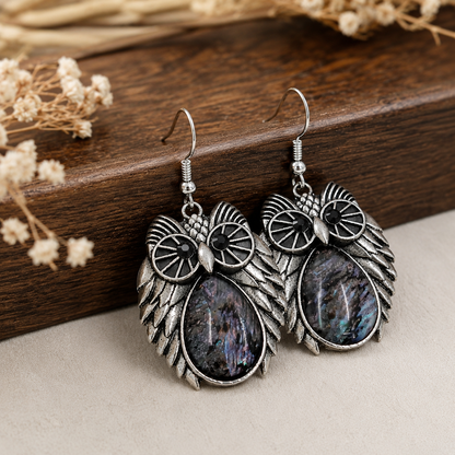 Antique Silver Owl Dangle Earrings: Owl Jewelry, Bird Theme Jewelry, Animal Earrings, Quirky & Funky Earrings, Lace Drop Gemstone Earrings