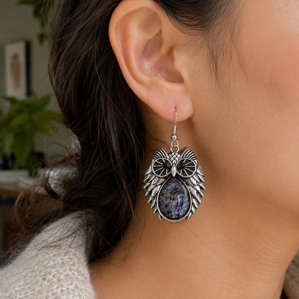 Antique Silver Owl Dangle Earrings: Owl Jewelry, Bird Theme Jewelry, Animal Earrings, Quirky & Funky Earrings, Lace Drop Gemstone Earrings