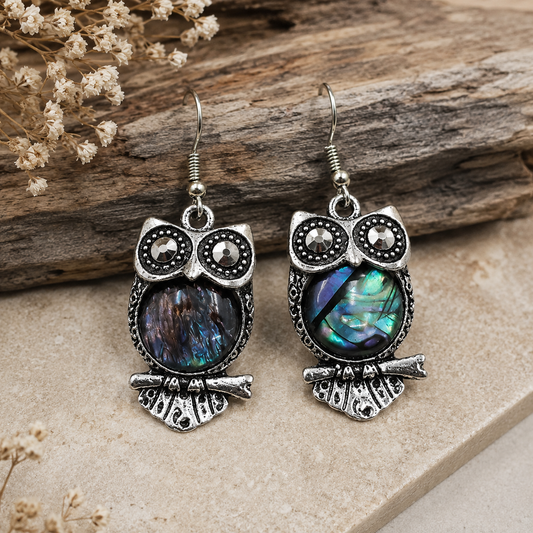 Abalone Shell Tibetan Silver Owl Earrings, Vintage Inspired Owl Shape Abalone Shell Drop Earrings, Owl Lover Gift, Animal Theme Gift for Her
