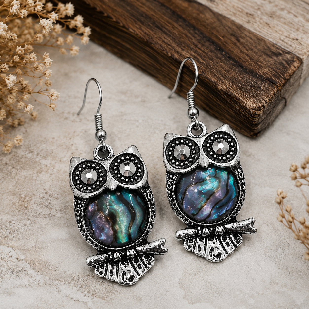 Abalone Shell Tibetan Silver Owl Earrings, Vintage Inspired Owl Shape Abalone Shell Drop Earrings, Owl Lover Gift, Animal Theme Gift for Her
