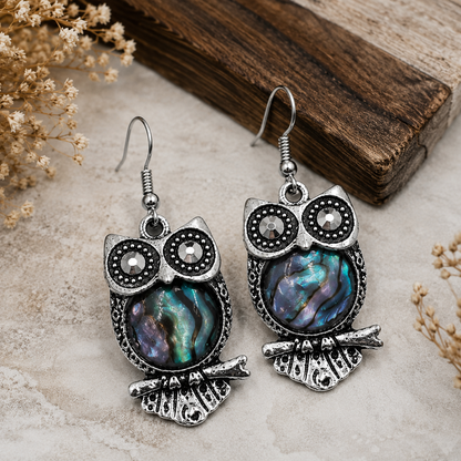 Abalone Shell Tibetan Silver Owl Earrings, Vintage Inspired Owl Shape Abalone Shell Drop Earrings, Owl Lover Gift, Animal Theme Gift for Her