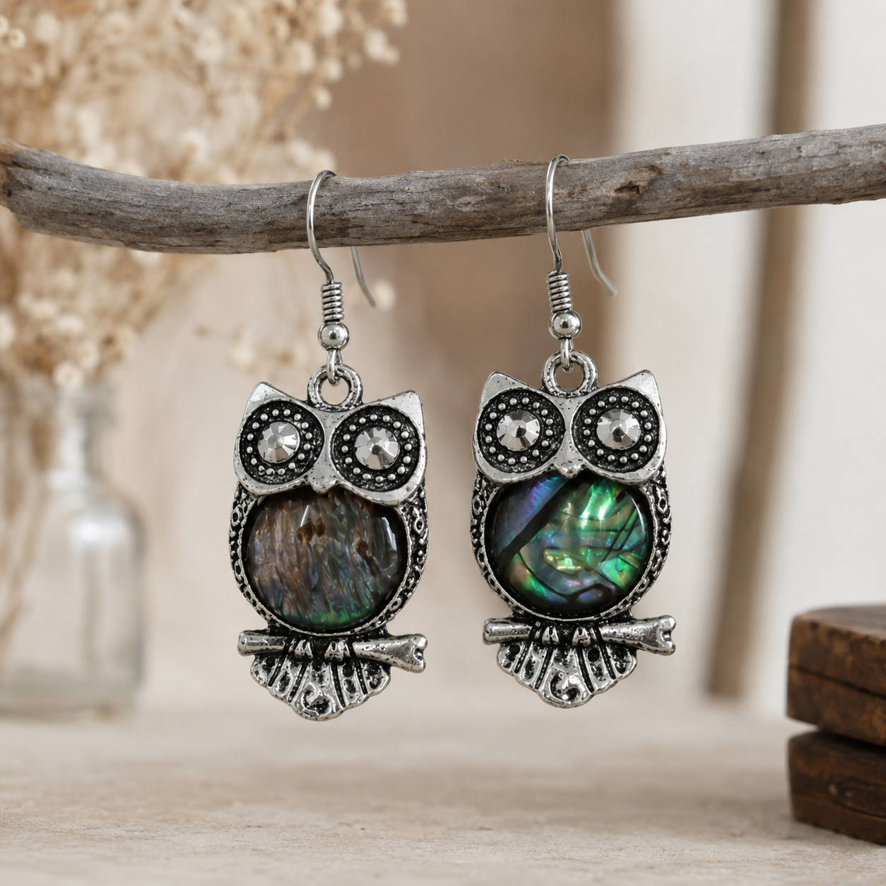 Abalone Shell Tibetan Silver Owl Earrings, Vintage Inspired Owl Shape Abalone Shell Drop Earrings, Owl Lover Gift, Animal Theme Gift for Her