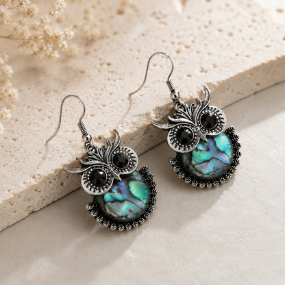 Vintage Forest Carving Owl Earrings, Boho Funky Black Onyx Bird Earrings, Oxidized Drop Earrings, Bird Jewelry Gift, Valentines Gift for Her