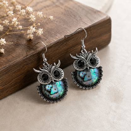 Vintage Forest Carving Owl Earrings, Boho Funky Black Onyx Bird Earrings, Oxidized Drop Earrings, Bird Jewelry Gift, Valentines Gift for Her