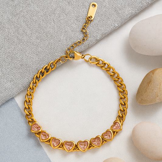 Heart Sparkle Charm Bracelet, Stainless Steel Cubic Zirconia Gold Plated Chain Bracelet, Adjustable Radiant Love Bracelet, Heart Bracelet