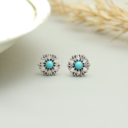Vintage Navajo Turquoise Sunflower Earrings, Handmade Snowflake Stud Earrings, Floral Boho Studs, Everyday Bohemian Jewelry, Gift for Her