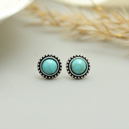 Turquoise Gemstone Earrings, Turquoise Stud Earrings, Handmade Tibetan Turquoise Jewelry for Women, Gift for Her