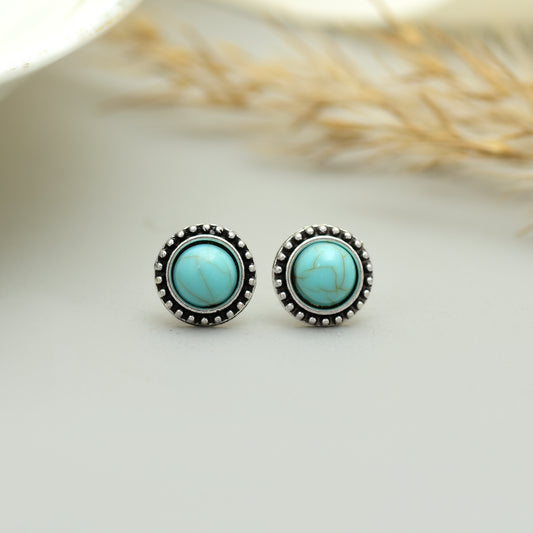 Turquoise Gemstone Earrings, Turquoise Stud Earrings, Handmade Tibetan Turquoise Jewelry for Women, Gift for Her