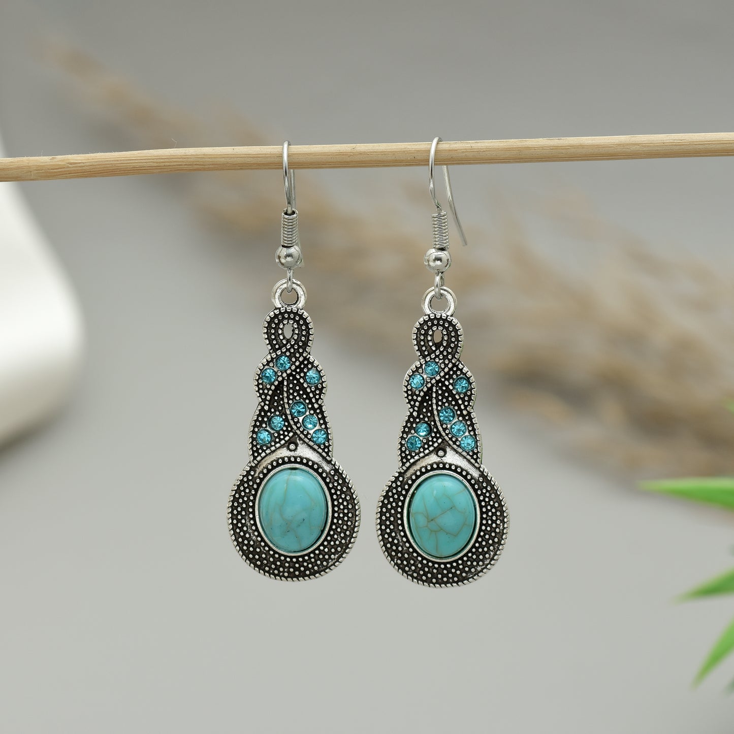 Boho Hippie Turquoise Stone Drop Earrings, Antique Oxidized Gemstone Earrings, Tribal Earrings, Indian Ethnic Earrings, Gift for Her