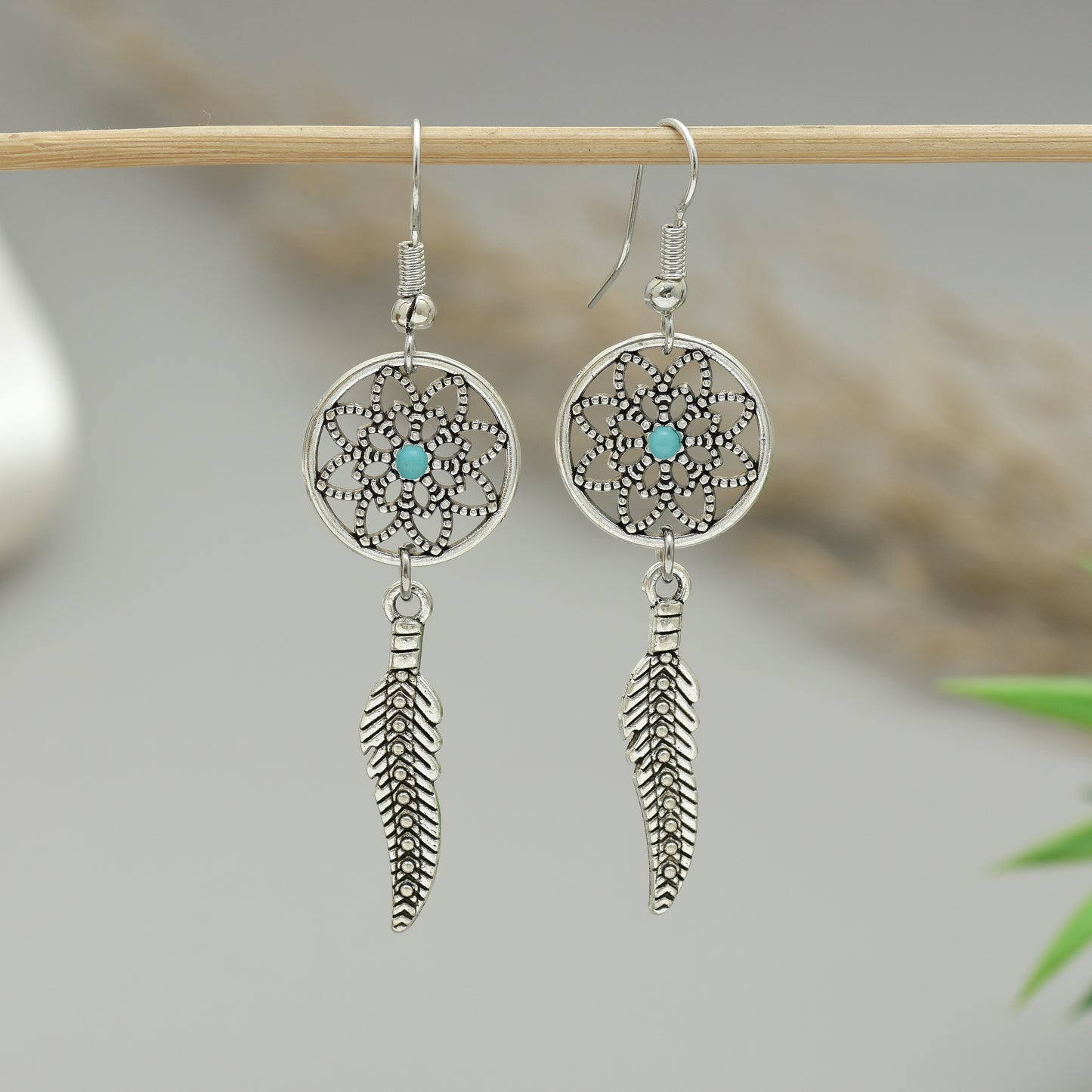Dreamcatcher Earrings, Tibetan Turquoise Gemstone Earrings, Howlite Dreamcatcher Earrings, Bohemian Ethnic Jewelry, Feather Dandle Earrings