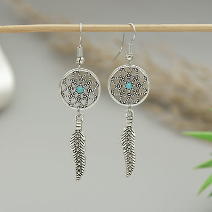 Dreamcatcher Earrings, Tibetan Turquoise Gemstone Earrings, Howlite Dreamcatcher Earrings, Bohemian Ethnic Jewelry, Feather Dandle Earrings
