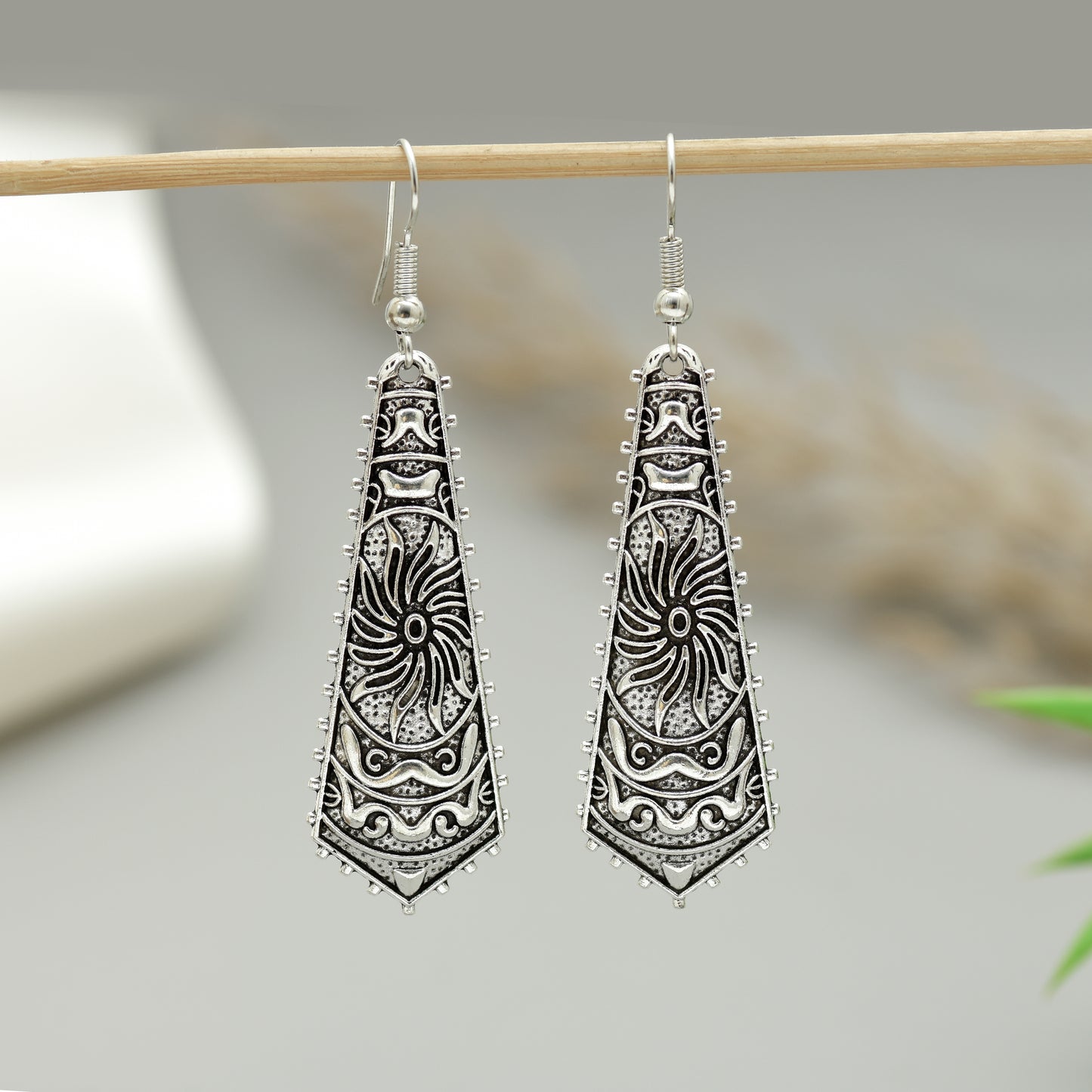 Tibetan Ear Dangler | Carved Earrings | Ethnic Dangle Earrings | Tribal Engraved Long Dangle Earrings | Vintage Boho Statement Earrings