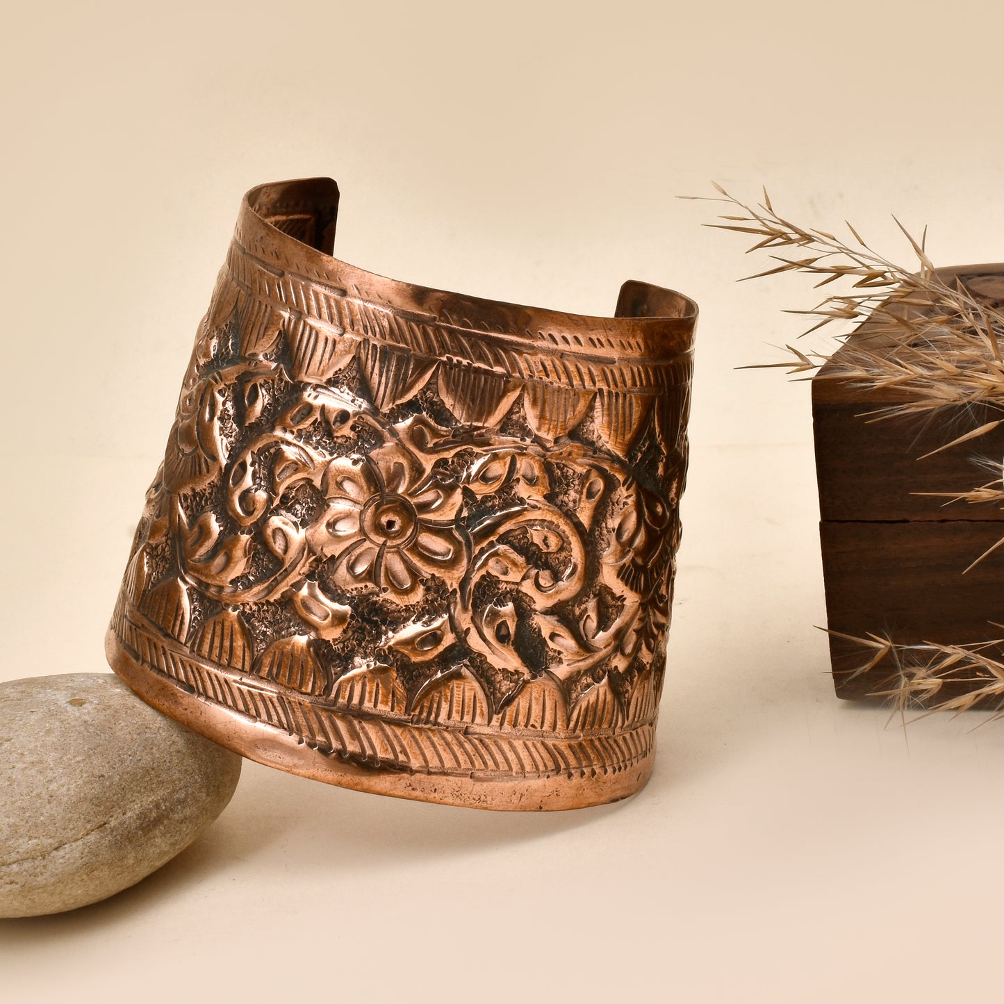 Nomadic Healing Ashtamangala Handcrafted Pure Copper Bracelet, Antique Hand Carved Design Cuff Bracelet, Hand Etched Copper Bangle for Her