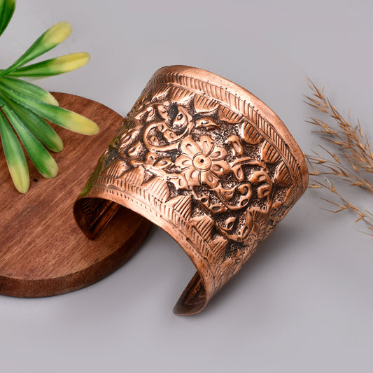 Nomadic Healing Ashtamangala Handcrafted Pure Copper Bracelet, Antique Hand Carved Design Cuff Bracelet, Hand Etched Copper Bangle for Her