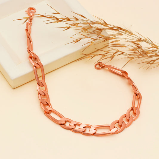 Figaro Chain Bracelet for Men & Women | Copper Link Chain | Rose Gold Tone | 6-9 Inch Adjustable | Minimalist Trendy Jewelry Gift