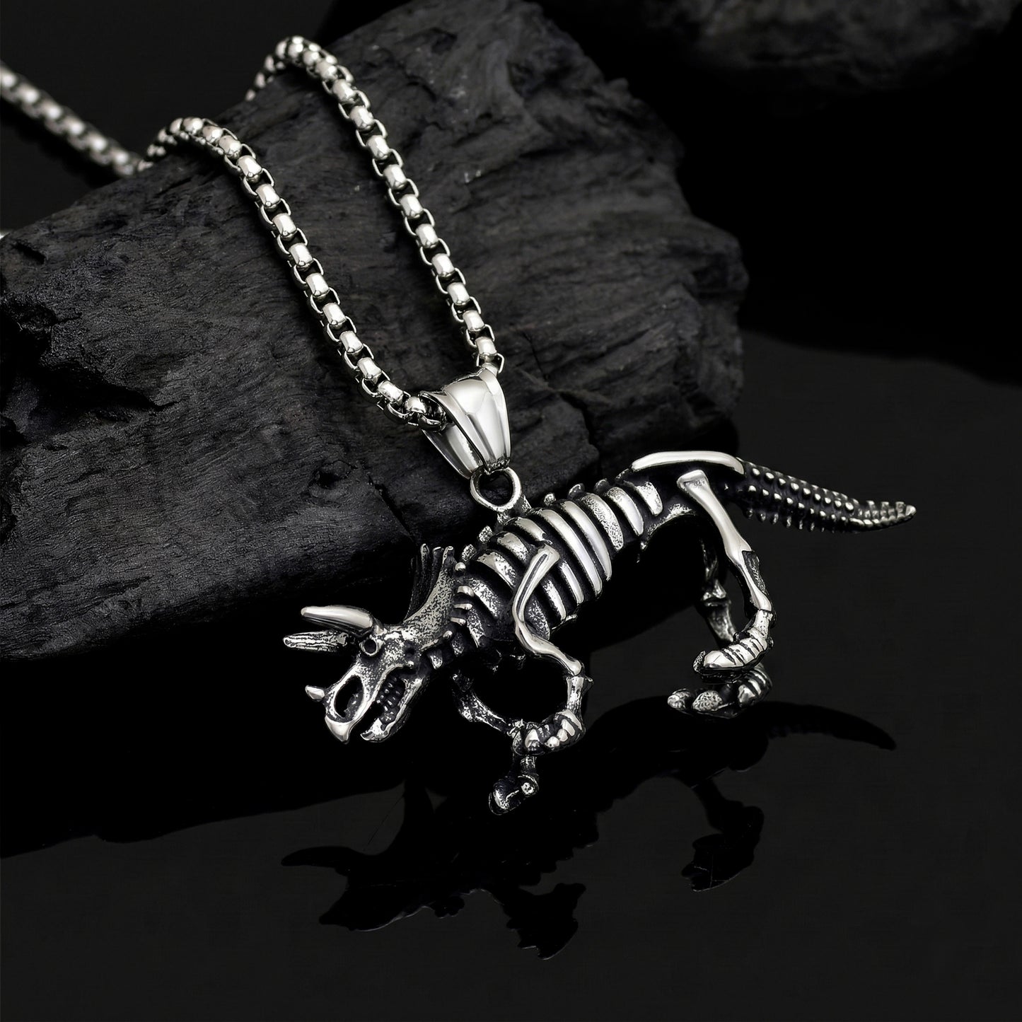 Dinosaur Pendant, Triceratops Skeleton Dinosaur Stainless Steel Pendant Necklace, Dinosaur Fossil Pendant, 3D Pendant, Gift for Him