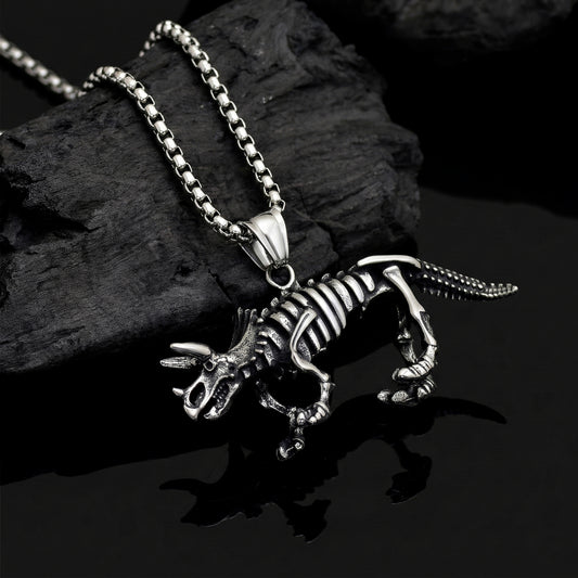 Dinosaur Pendant, Triceratops Skeleton Dinosaur Stainless Steel Pendant Necklace, Dinosaur Fossil Pendant, 3D Pendant, Gift for Him