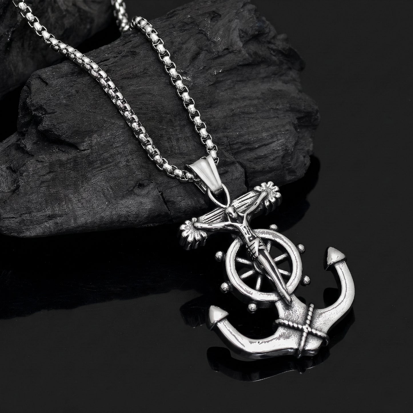 Stainless Steel Anchor Pendant Necklace, Men's Nautical Anchor Jesus Cross Necklace, Ship Wheel Compass, Unisex Pendant, Gift for Him & Her