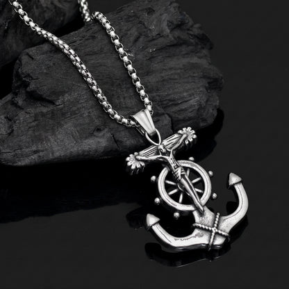 Stainless Steel Anchor Pendant Necklace, Men's Nautical Anchor Jesus Cross Necklace, Ship Wheel Compass, Unisex Pendant, Gift for Him & Her