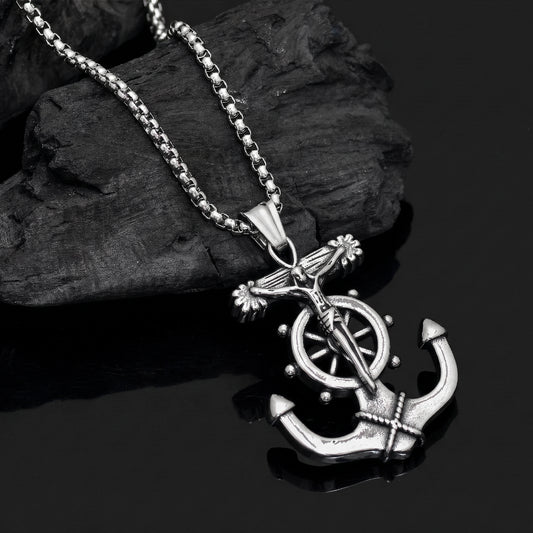 Stainless Steel Anchor Pendant Necklace, Men's Nautical Anchor Jesus Cross Necklace, Ship Wheel Compass, Unisex Pendant, Gift for Him & Her