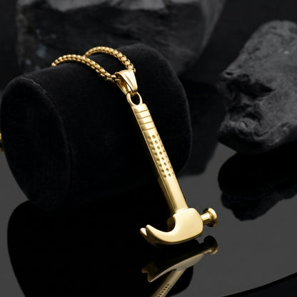 18K Gold Plated Stainless Steel Industrial Hammer Necklace, Carpenter Tool Pendant, Hammer Charm, Gift for Him, Funky Jewelry