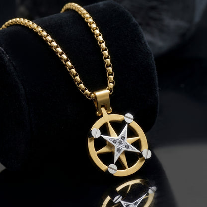 Star Wheel Pendant Necklace Gold Silver Tone, Compass Star Charm, Minimalist Geometric Jewelry, Men’s Statement Necklace
