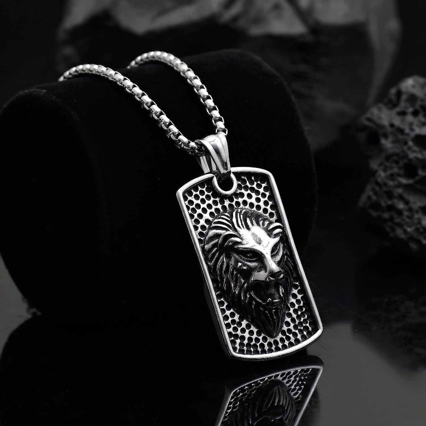 Men's Lion Head Dog Tag Pendant Necklace, Antique Silver Finished 3D Engraved Tiger Head Pendant, Gift for Animal Lovers