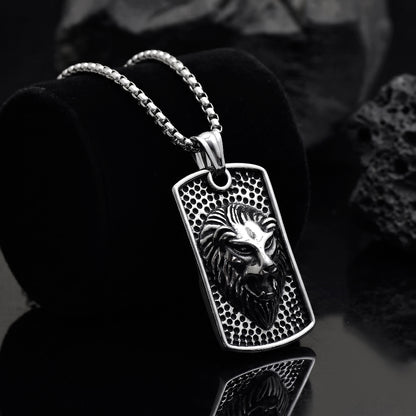 Men's Lion Head Dog Tag Pendant Necklace, Antique Silver Finished 3D Engraved Tiger Head Pendant, Gift for Animal Lovers