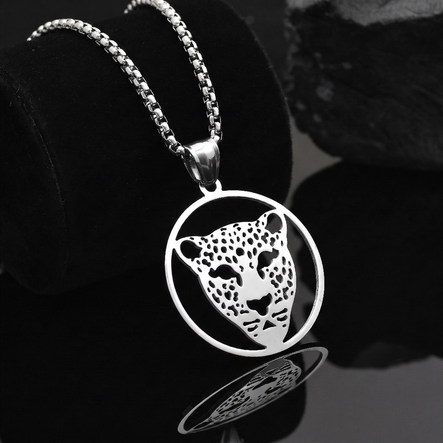 Stainless Steel Leopard Head Pendant with Box Chain, Cheetah Jaguar Pendant, Hip Hop Jewelry, Snow Leopard Necklace, Gift for Him & Her