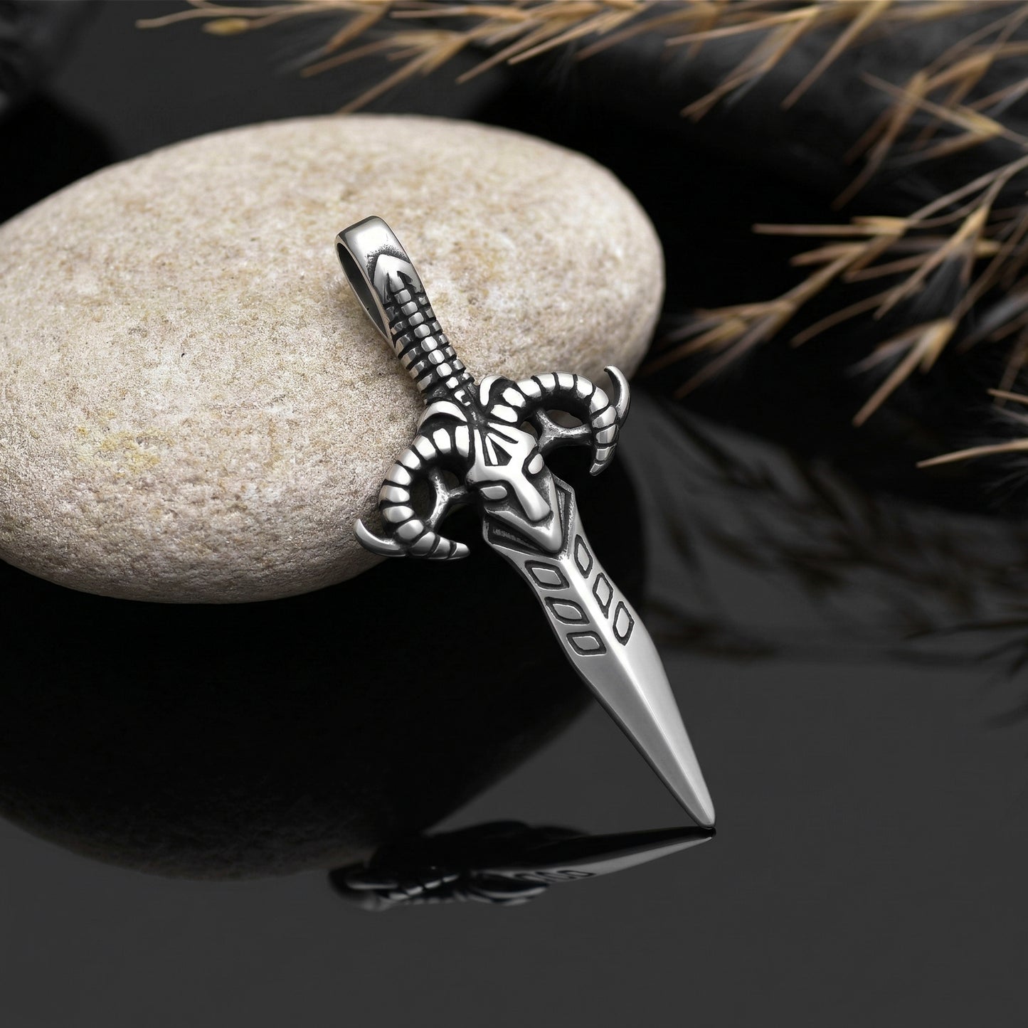 Dagger Pendant, Rams head dagger stainless steel pendant necklace, Goat Horns Barbarian Necklace, Viking Style Jewelry, Blade Charm