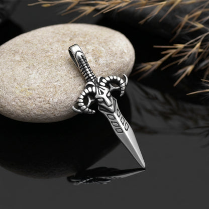 Dagger Pendant, Rams head dagger stainless steel pendant necklace, Goat Horns Barbarian Necklace, Viking Style Jewelry, Blade Charm